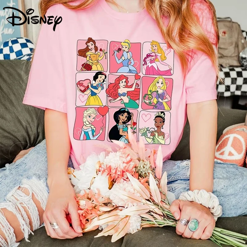 Summer New Plus Size Disney Princess Printed T-shirt Women's Y2K Fashion Retro Harajuku Loose Casual Versatile Short-sleeved Top