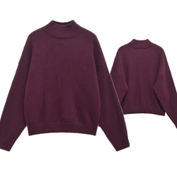 Withered Nordic Minimalist Fashion Burgundy Sweater Fashionable and Elegant Half High Collar Knitwear Women