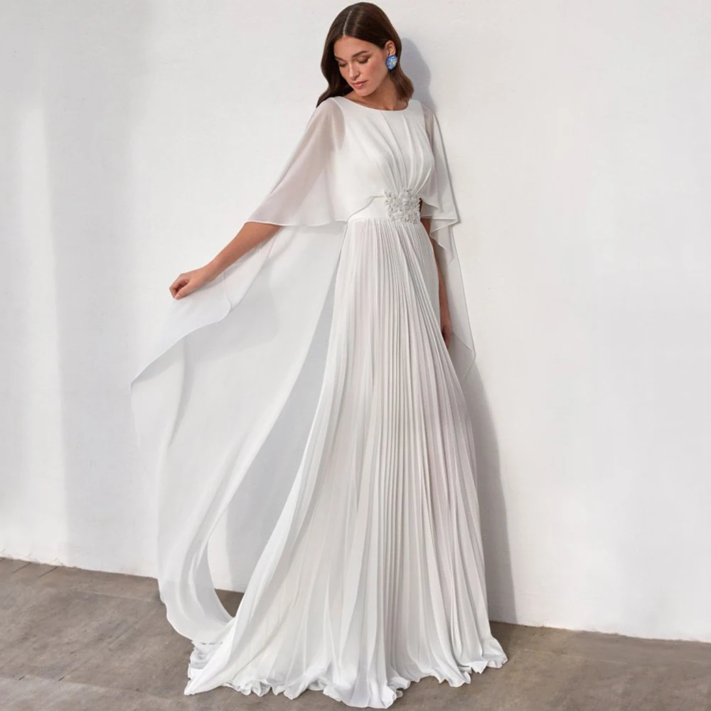 Simple Draped A-Line Wedding Dress Sexy Open Back O-Neck Chiffon Bridal Cloak Three Quarter Floor Length Customized Gowns