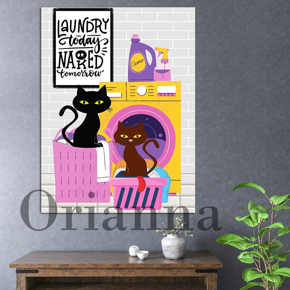 Cats In Laundry Washing Clothes Black Cat Funny Humor Pet Cat Wall Art Prints Posters Toilet Laundry Room Decor Painting Gift