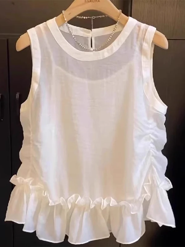 

White round Ne Svel Vest Women's Summer New Outerwear Pleated Lace Inner Match Strap Top Two-Piece Set Commute Sle ...