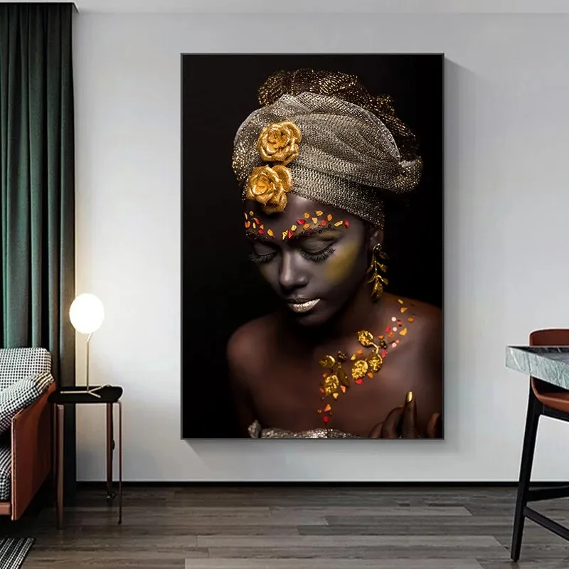 Zwart goud naakt afrikaanse vrouw canvas poster kunst aan de muur portret op canvas scandinavische muur woonkamer