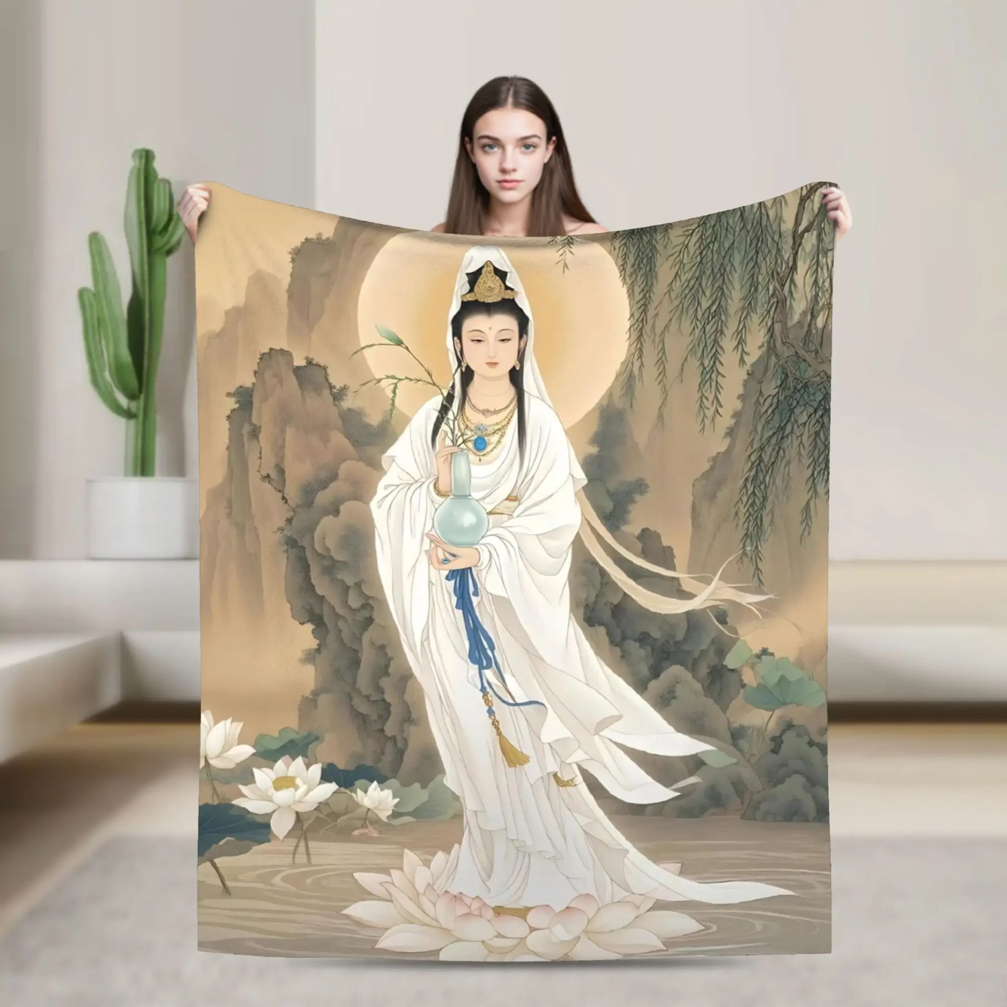 Bodhisattva Willow Branch Lotus Blanket Coral Fleece Plush Air Conditioning Buddhism Thin Throw Blankets for Home Car Quilt