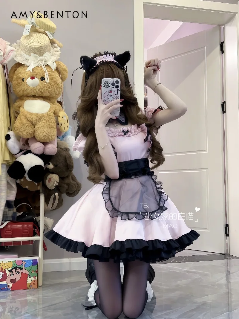 

Japanese Style Cute Maid Outfit Women Lolita Sweet Lace Apron Hollow Puff Sleeves Slim Doll Collar Puff Skirt Two-Piece Set