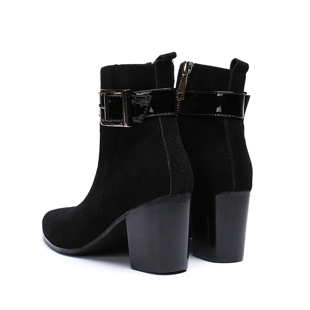 Black Nylon Thick High Heels Pointed Toe Zipper Buckle Boots Male Plus Size British Style Wedding Party Men Dress Shoes