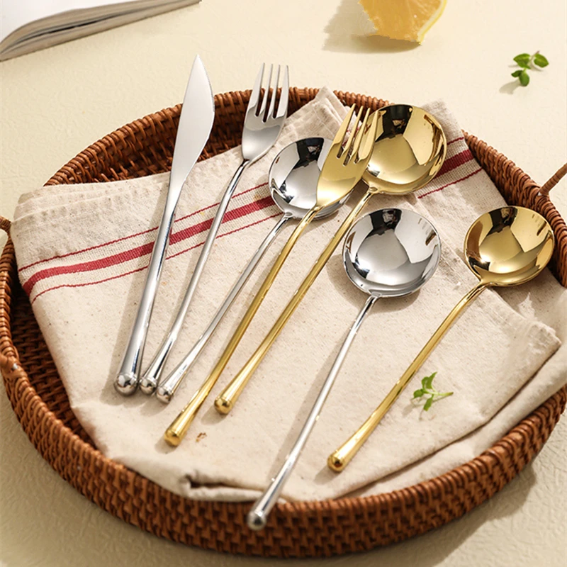 

24Pcs Stainless Steel Cutlery Set Shiny Silver, Gold Household Kitchen Utensil Flatware Sets For 6 Silverware