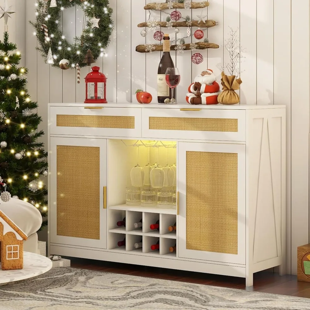 

51.2'' Rattan Coffee Bar Cabinet with Drawers and Storage, Boho Sideboard Buffet Cabinet with LED Lights, Wine Liquor Cabinet