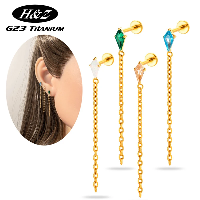 

1PC G23 Titanium Piercing Threadless Ear Stud CZ Tassel Chain Pin Push In Lip Stud Tragus Earrings Labret Piercing Goth Jewelry