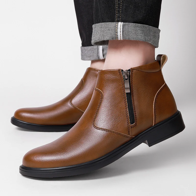 

Large（38-47） Men Warm Mid Top New Chelsea Boots Casual Business Side Zipper Simple Fashionable Comfortable Formal Boots