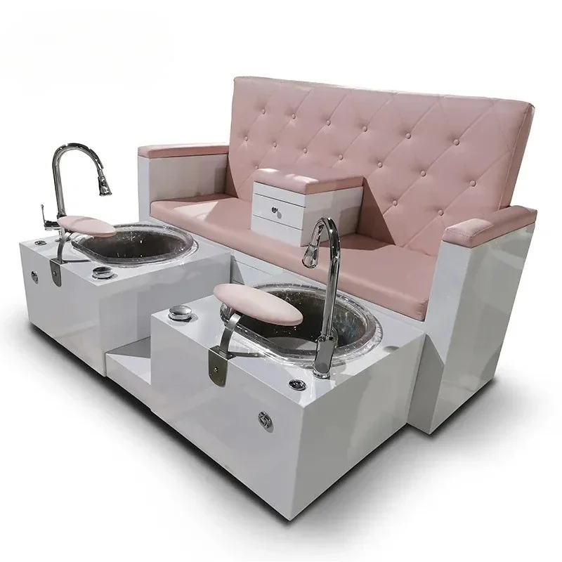 Customized double pink pedicure chair with two basins and shower for couples with storage compartment in the middle