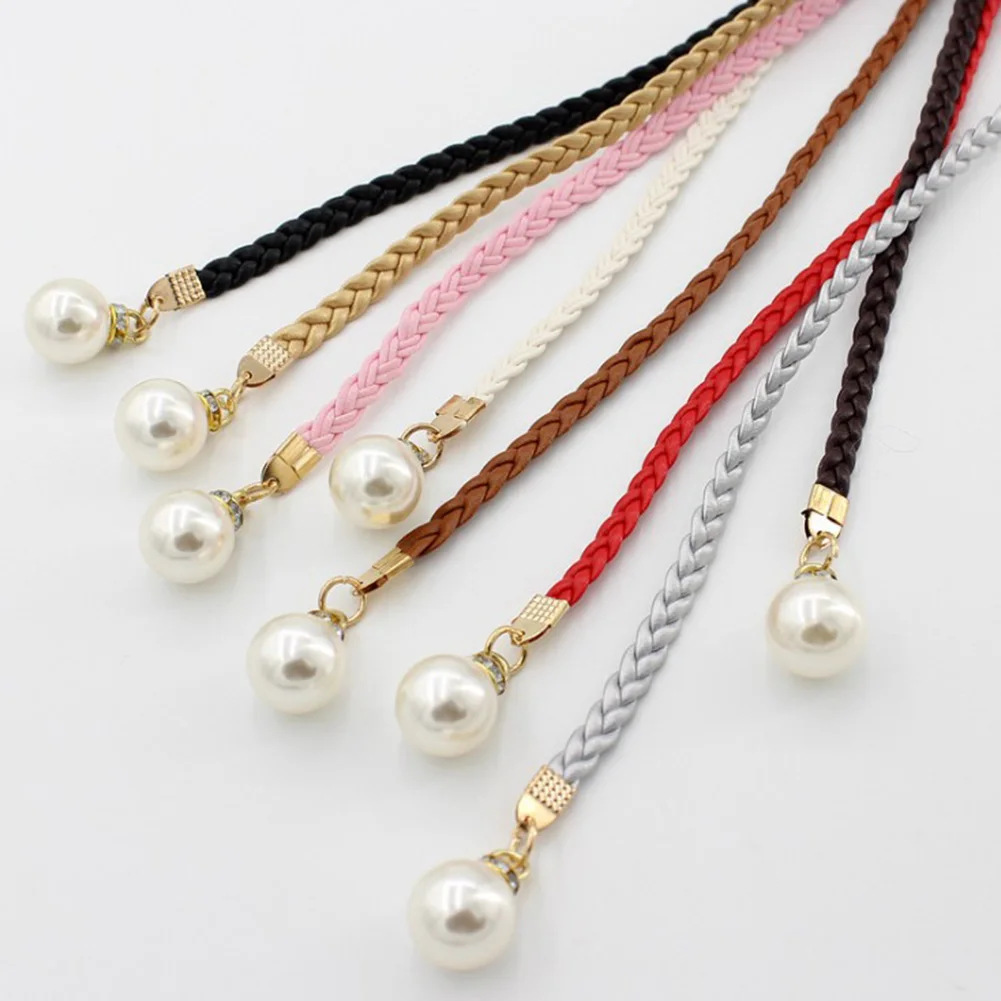 Women Hemp Rope Braided Waist Chain Big Pearl Dress Belt Candy Color Versatile Waist Belt Fashion Clothes Decoration Waistband