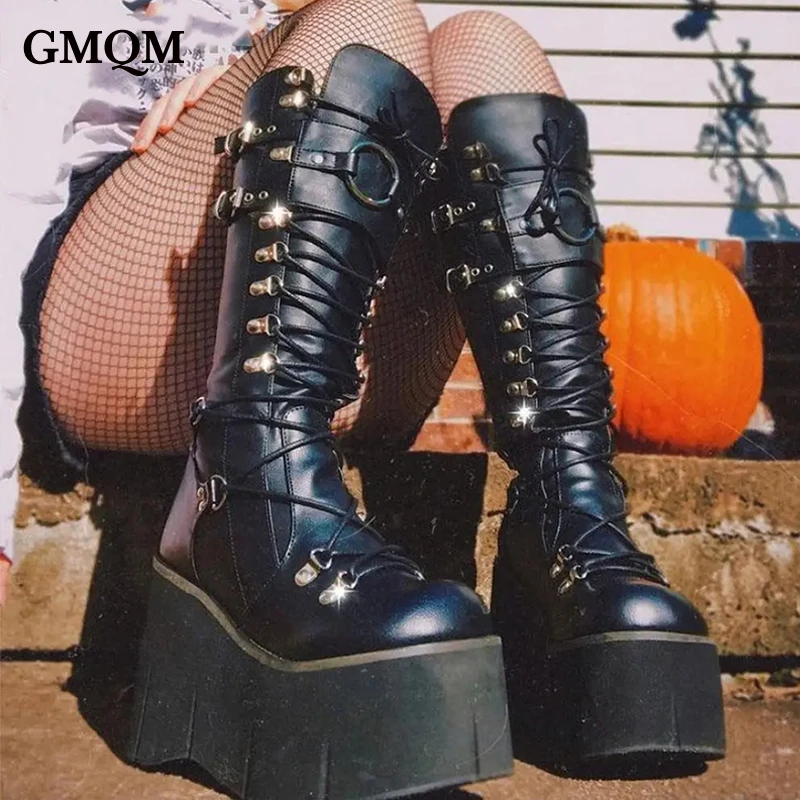 GMQM Fashion Platform Women‘s The Knee Boots Thick Sole Motorcycle Boots Gothic Punk Style Knee High Boots Metal Decoration