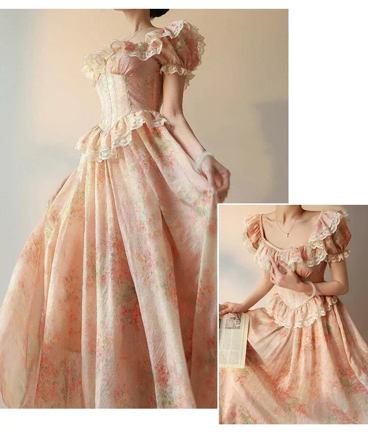 Vestido largo De gasa con estampado De encaje De princesa para mujer, Vestido largo De cuello cuadrado, vestidos Maxi De alta calidad para mujer, vestidos De Noche Juveniles