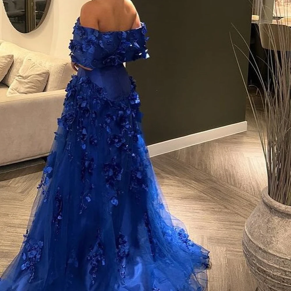 Customized Exquisite Pleats Flowers Beading Evening Dresses Graceful Off the Shoulder Blue Panel Train Party Gowns فساتين سهرة