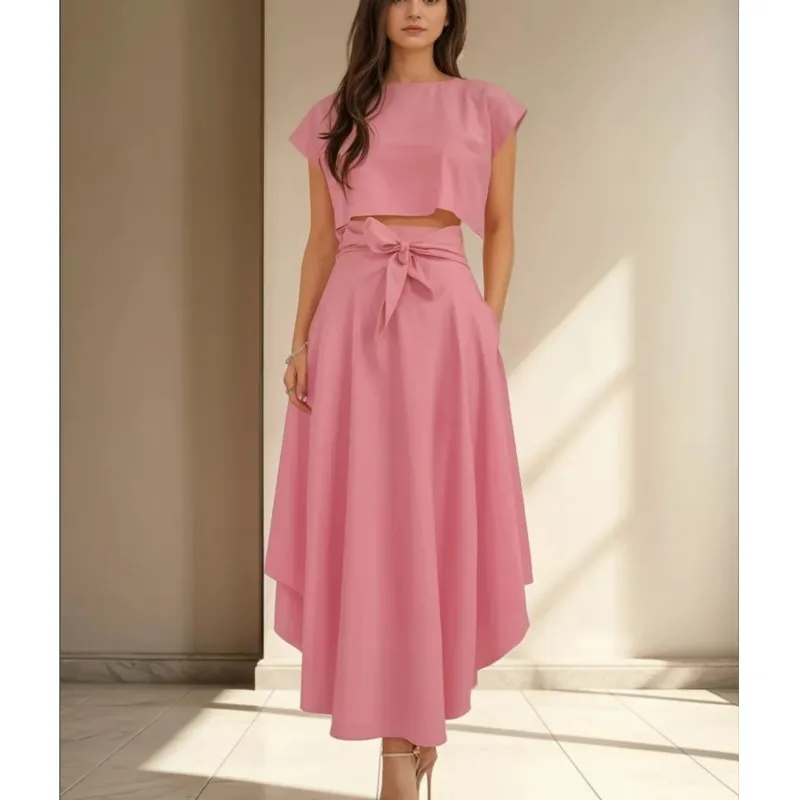 

Elegant Solid Female Half Skirt Two-piece Set Summer Fashion O-neck Short Top+half Skirt Suit Ladies Foreign Style Office Outfit