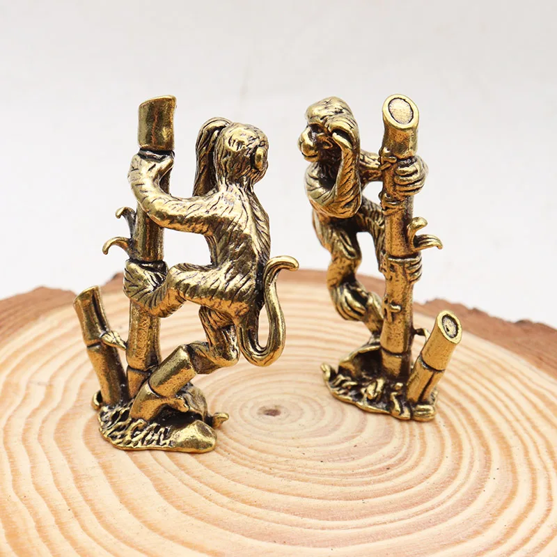 Brass Monkey Climbing Bamboo Pole Small Ornament Zodiac Animal Figurines Feng Shui Home Decor Crafts Desk Decoration Accessories