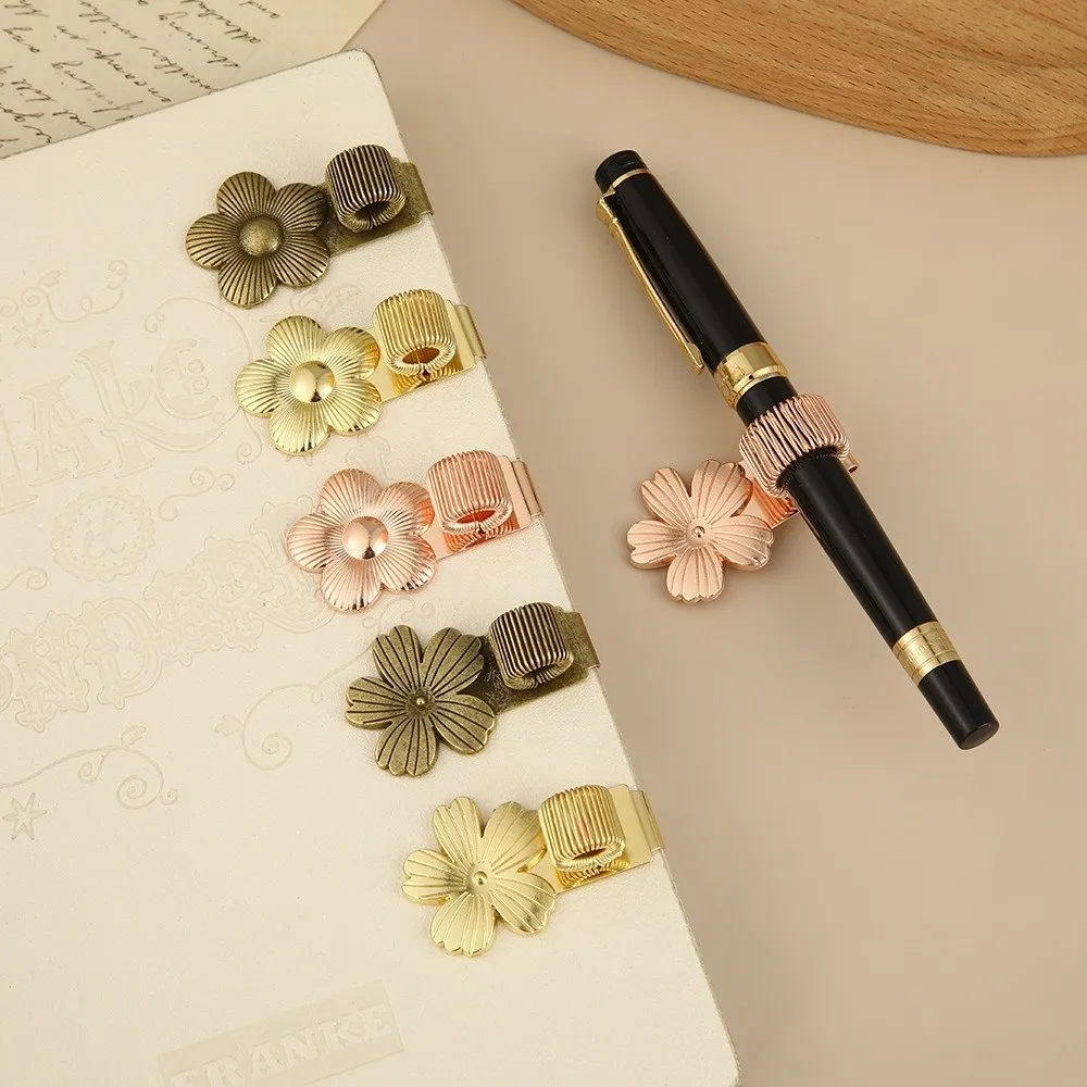 Vintage Zinc Alloy Metal Pen Clip Flower Shape Single-hole Elastic Pen Holder Elastic Pen Loop Students