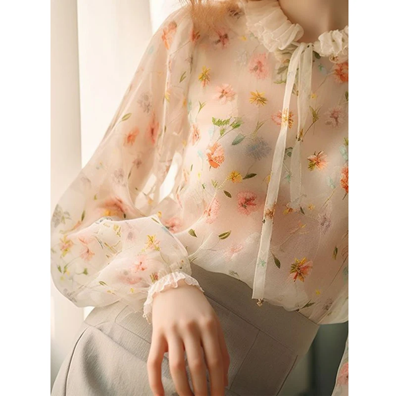 Women\'s Ruffled Floral Printed Lace Up Blouse Vintage Long Sleeve Chiffon Shirt Sweet Chic Fairy Tops 2024 Spring Autumn Blusas