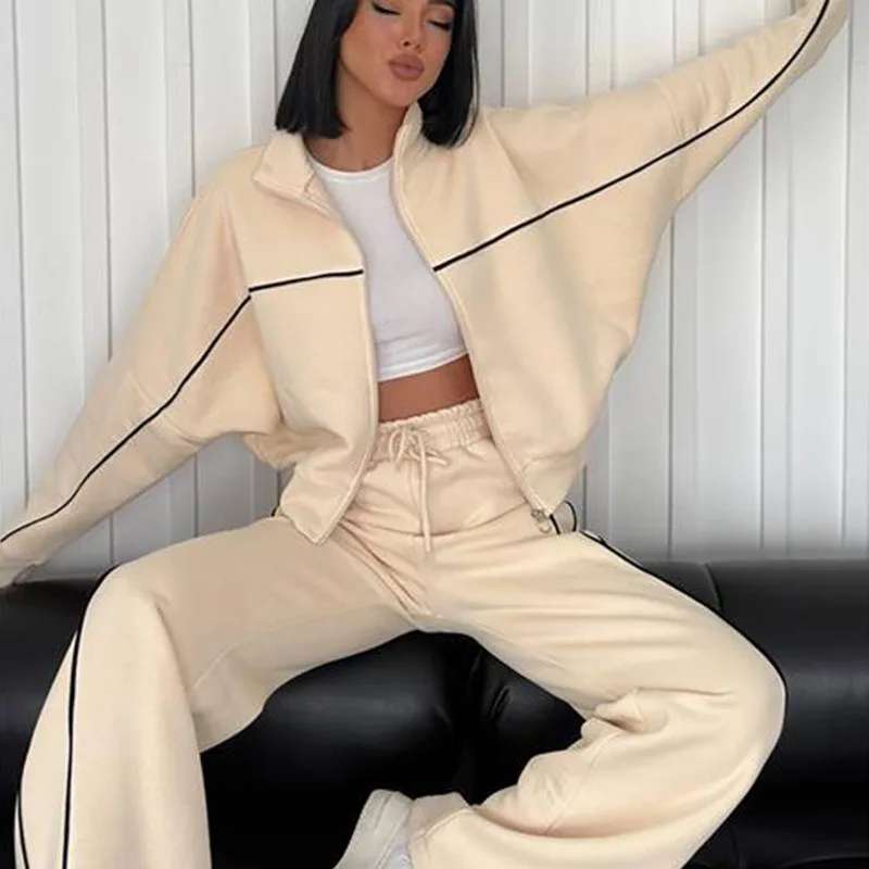 

New Cross-border Amazon Casual Set for Europe and America Long-sleeved Semi-high Neck Cardigan Hoodie with Tie Striped Trousers