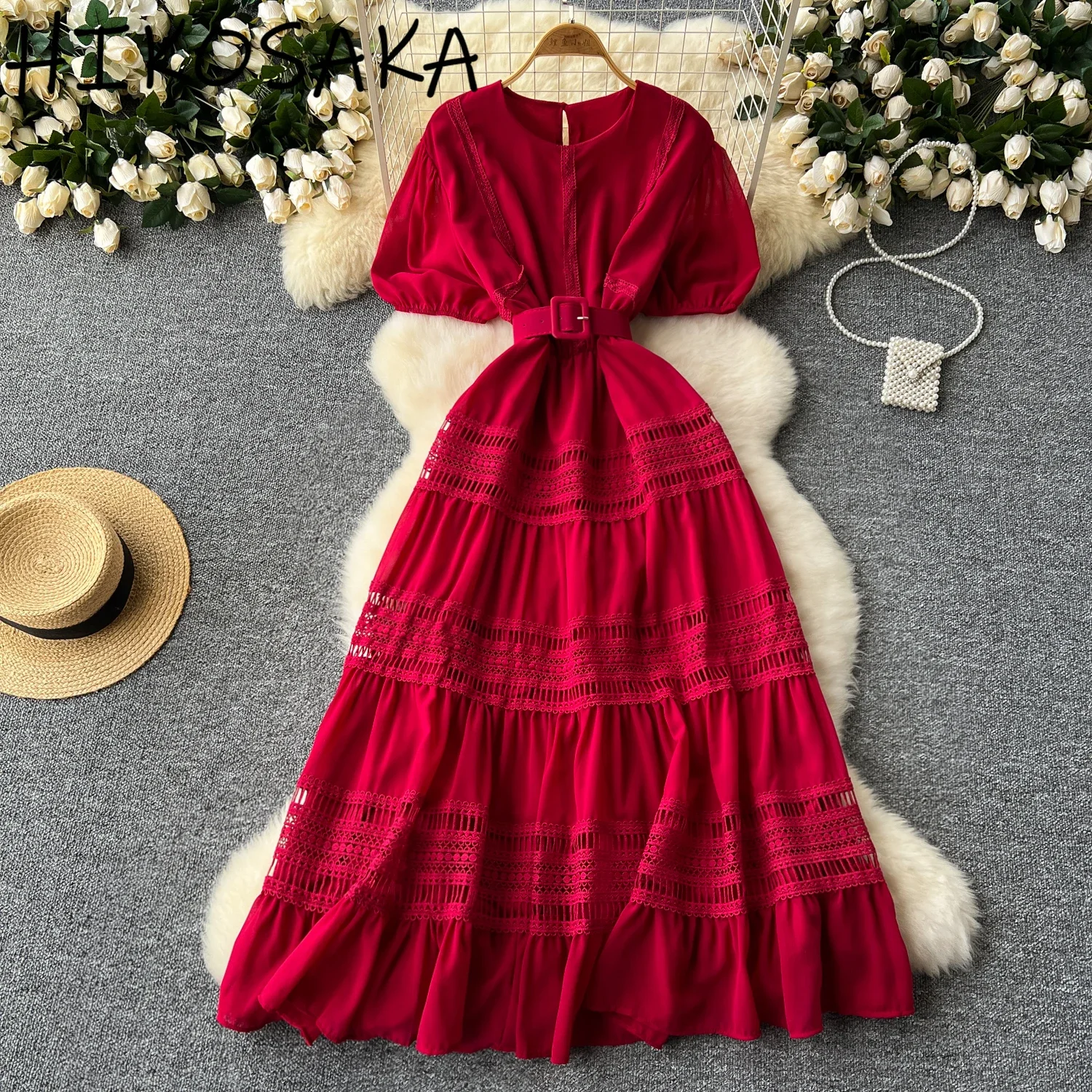 French Style Retro O-neck Puff S;eeve Dress Women Lace Patchwork Slim Waist A-line Big Swing Robe 2024 New Elegant Vestidos