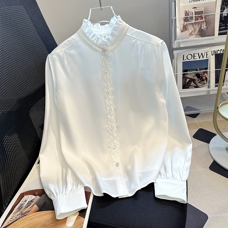 Camicia da donna Camicetta Nuova elegante manica lunga Colletto arricciato Camicia bianca Camicetta Donna Top Camicette Camicie Blusas Para Mujer Q544