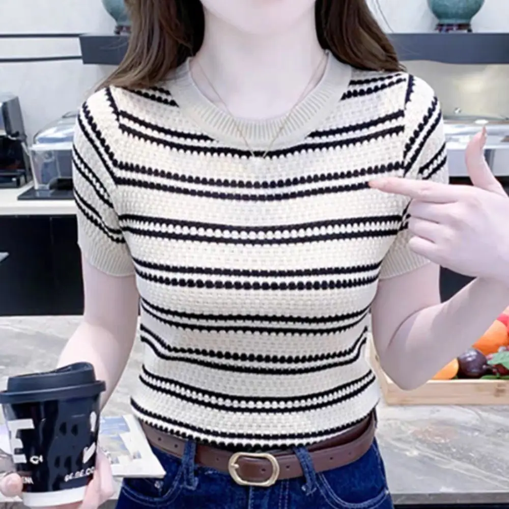 All-match Ins Short Sleeve Crop Top Sweet Female Clothing Stripe Knitted T-shirt Bottoming Shirt Slim Fit Knitwear Women Summer