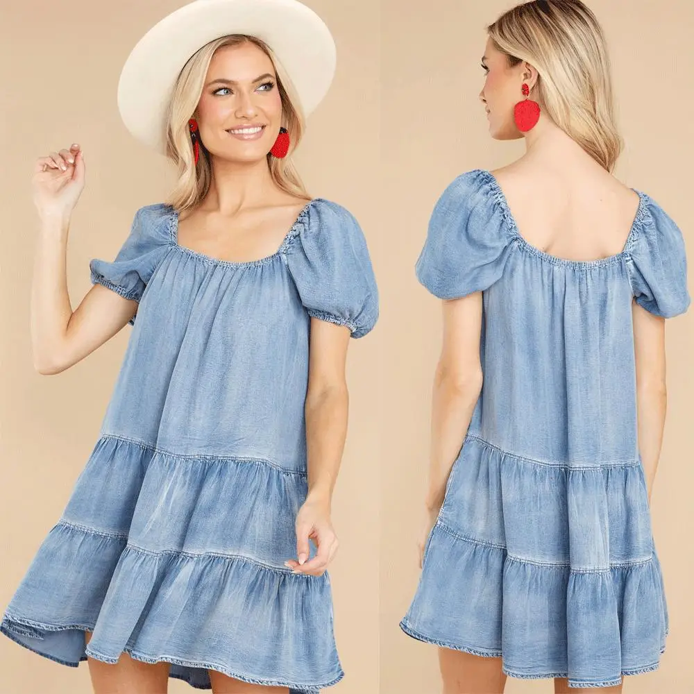 Europejska i amerykańska wiosenna i letnia nowość, modna i codzienna luźna sukienka typu \"cake\", krótki rękaw, sukienka jeansowa.