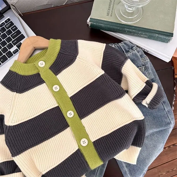 

Осень 2022, толстый вязаный кардиган в тепловую полоску с длинными рукавами для девочек и мальчиков 1–10 лет