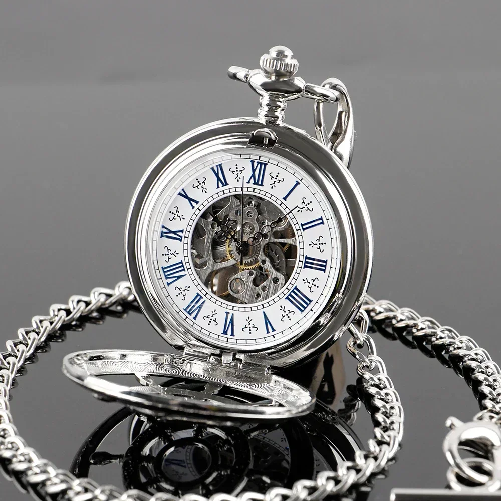 New Retro Silver Skeleton Boat Rudder Mechanical Pocket Watch Half Hunter Pendant Antique Manual Hand Winding Pocket Clock Gifts