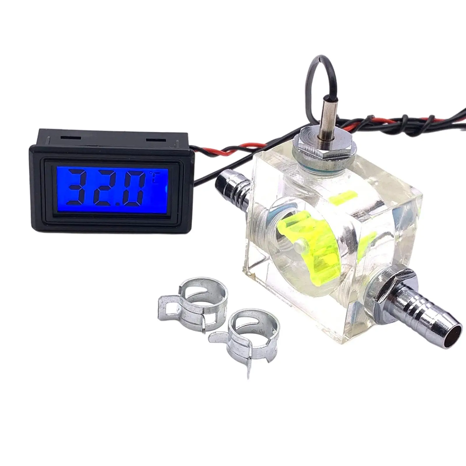 Thermometer with 2 Clamps Accessories with 2 Connectors Radiator Supplies Flowmeter Water Cooling System LED for Computer PC