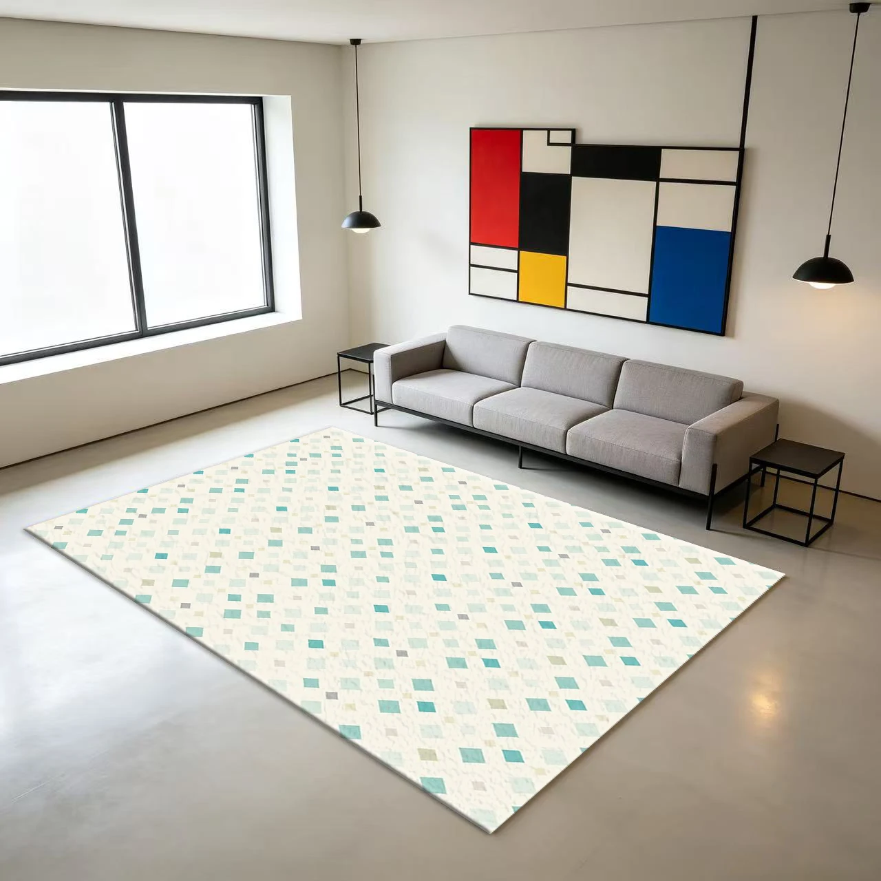 Light Cyan Diamond Pattern Carpet, Light-Colored Area Rug, Suitable for Dining Rooms, Offices, and Home Decor