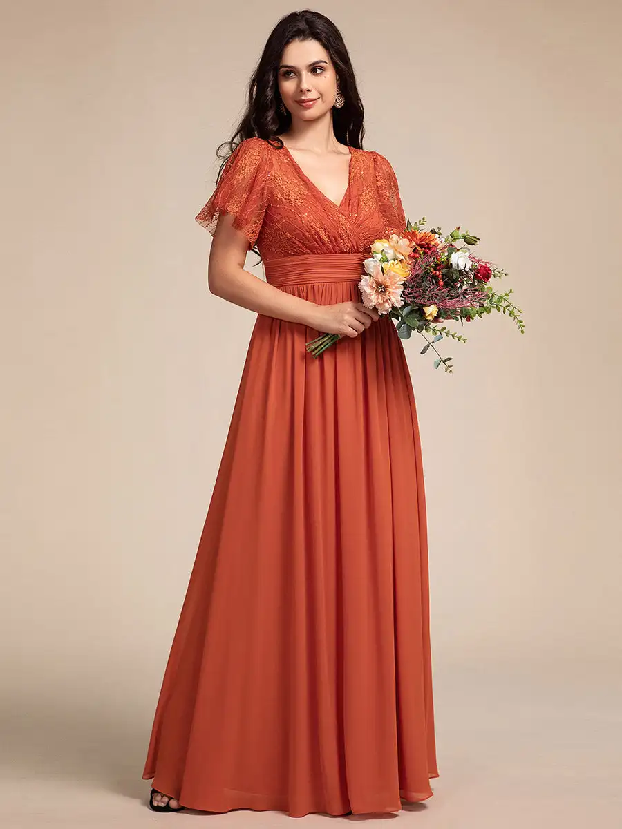 

Elegant Evening Dresses Embroidery Glitter See-Through Lotus Leaf Sleeves 2025 Ever Pretty of Burnt Orange Bridesmaid dress