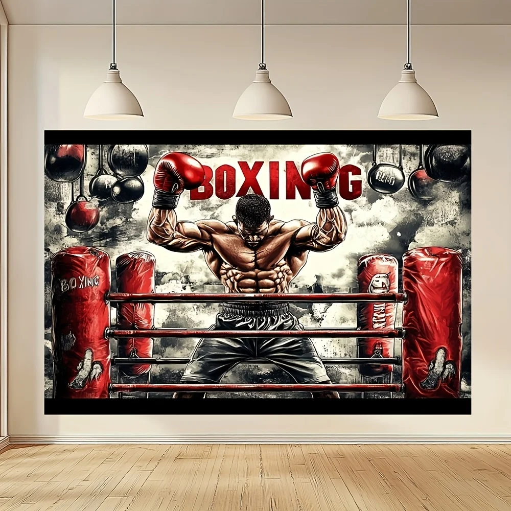 Boxing Gym Tapestry, Muscular Fighter & Red Gloves Art, Heavy Bag Wall Hanging, Motivational Sports Decor, Man Cave Bedroom