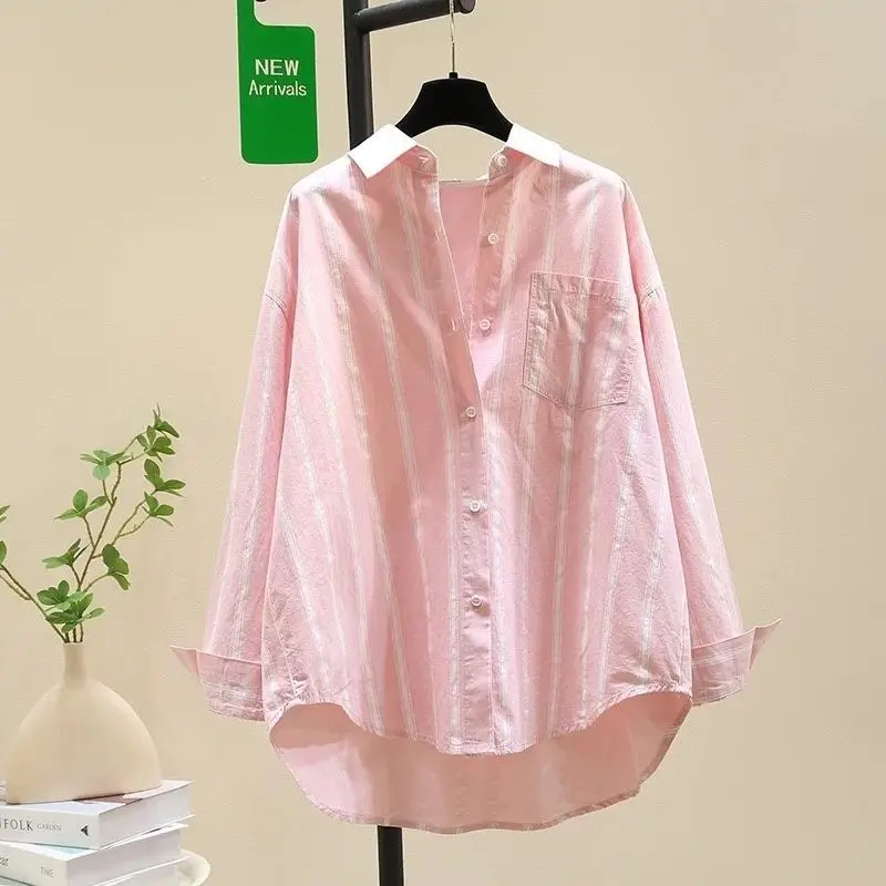 Summer Casual Korean Fashion Loose Buttons Single Breasted Striped Long Sleeve Youth Lively Bright Easy Close to the People Wild