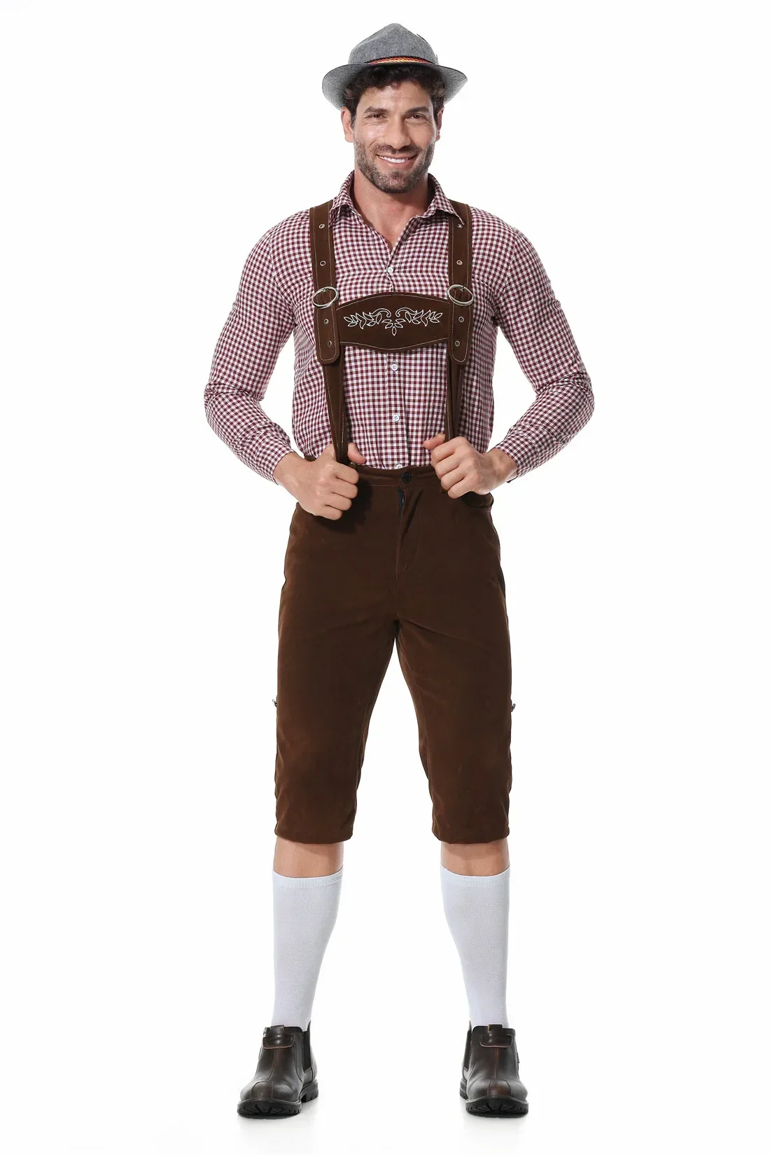 Germany Munich Traditional Oktoberfest Carnival Clothing Plaid Shirt Embroidery Suspenders And Hat Suit view 5