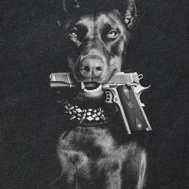 Hip Hop 2024 Vintage Washed Black T-Shirt Streetwear Doberman Dog Gun Graphic T Shirt Cotton Unisex Tshirt Men Tops Tee Hipster