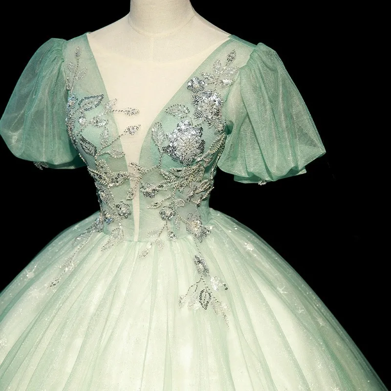 Vestido De baile verde para Quinceañera, cuello transparente, cuentas De lentejuelas 3D, elegante, Princesa, baile De cumpleaños, fiesta