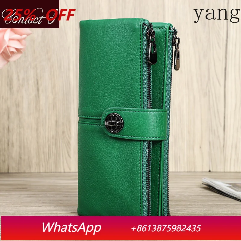 

Genuine Leather Long Wallet Women Green Zipper Phone Pocket Purse Money Bag with AirTag Slot Female Clutch Wallets