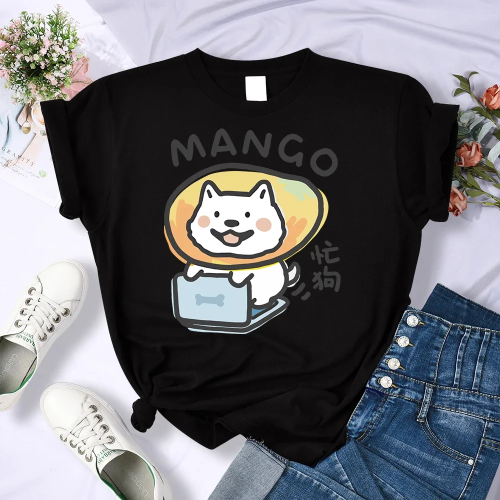 Female Breathable Soft T Shirts Loose Summer Tee Clothing Crewneck Street Women Top Busy Dog Mango Fruit Dog Printed T-Shirt