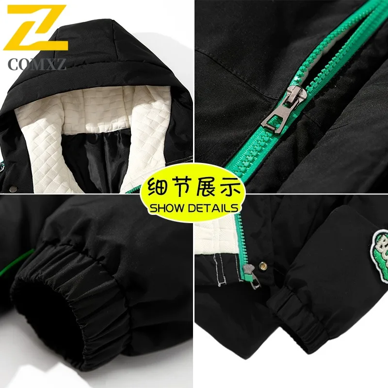 COMXZ Men Fleece Lined Jacket Winter Autumn Korean Style Waterproof Windproof Hooded Outdoor Sports Casual Solid Color Coat 2025