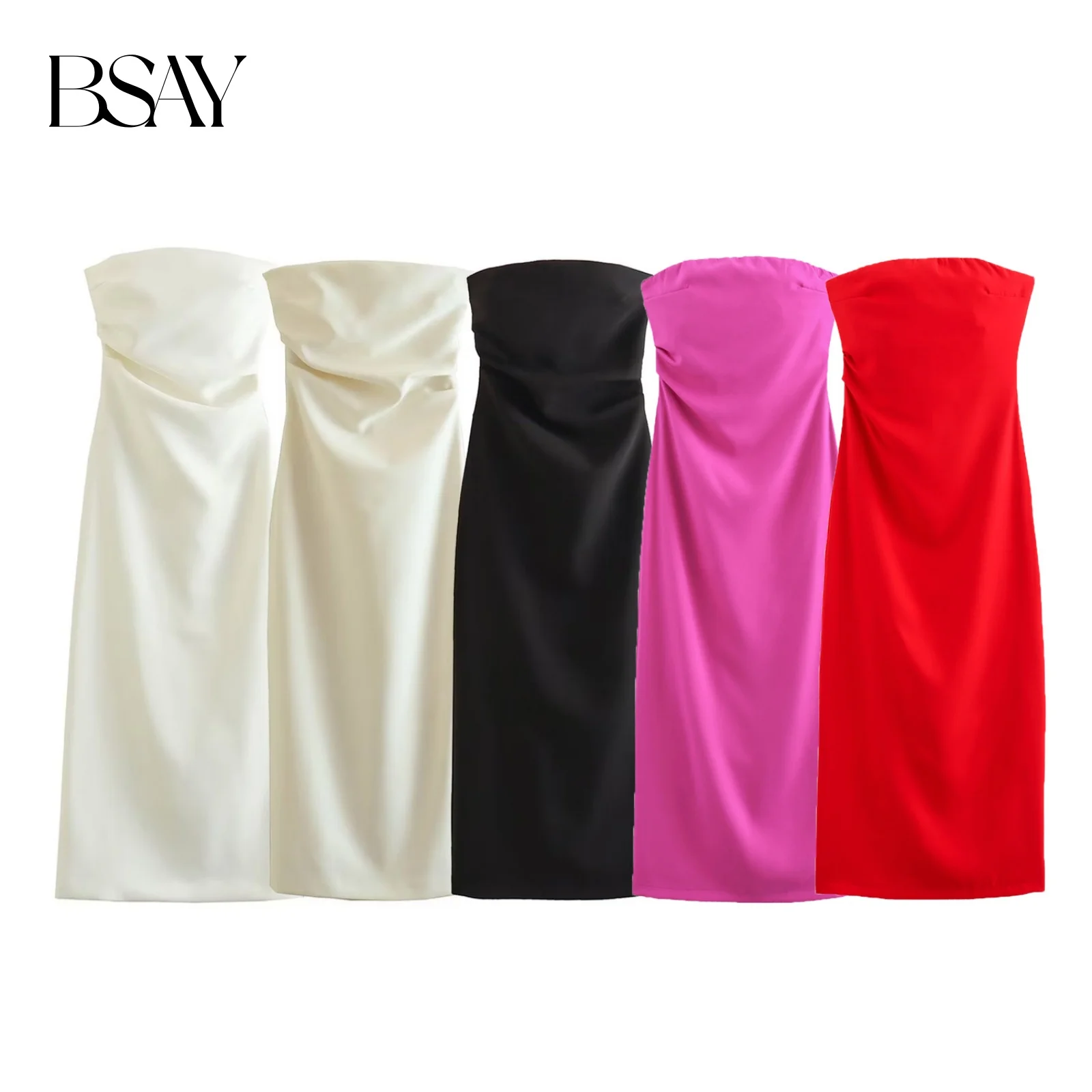 BSAY Women Fashion Summer New Sexy Split Back Zip Pleated Sleeveless Strapless Dress Chic Female French Elegant Evening