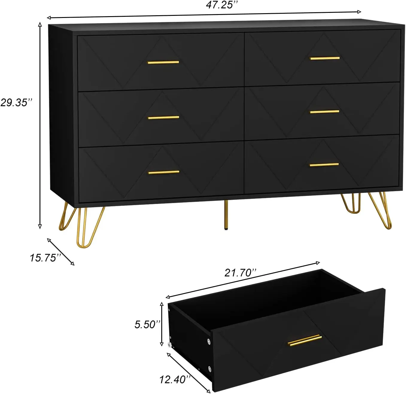 6 Drawer Double Dresser with Wide Drawers and Metal Handles, Wood Dressers & Chest of Drawers for Hallway, Entryway.