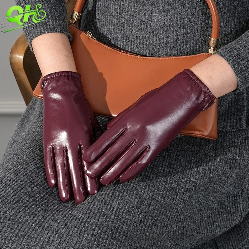 

Genuine Leather Gloves Ladies Electric Scooter Driving Winter Warm Fleece Touchscreen Fashion female Windproof Short Gloves