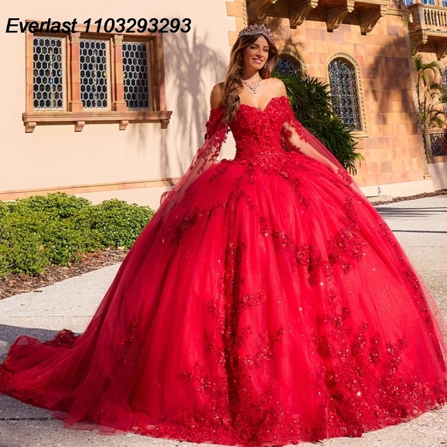 

EVLAST Glitter Red Quinceanera Dress Ball Gown 3D Floral Applique Beading With Cape Mexico Sweet 16 Vestido 15 De Años TQD212