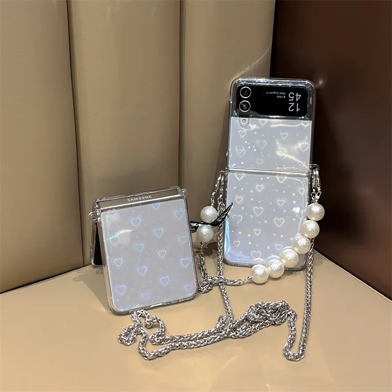 

For Samsung Galaxy Z Flip 6 5 4 3 Case Z Flip5 ZFlip 5 Luxury Love Heart Cards Shoulder Crossbody Lanyard Hard Cover