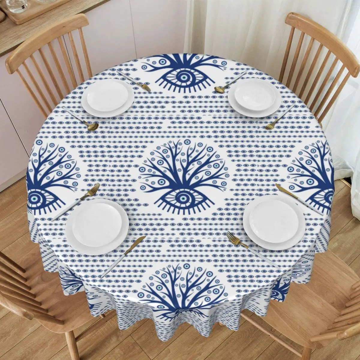 Custom  Round Waterproof Greek Evil Eye Tree Mati Table Cover Matiasma On White Turkish Tablecloth Picnic 60 inch Table Cloth