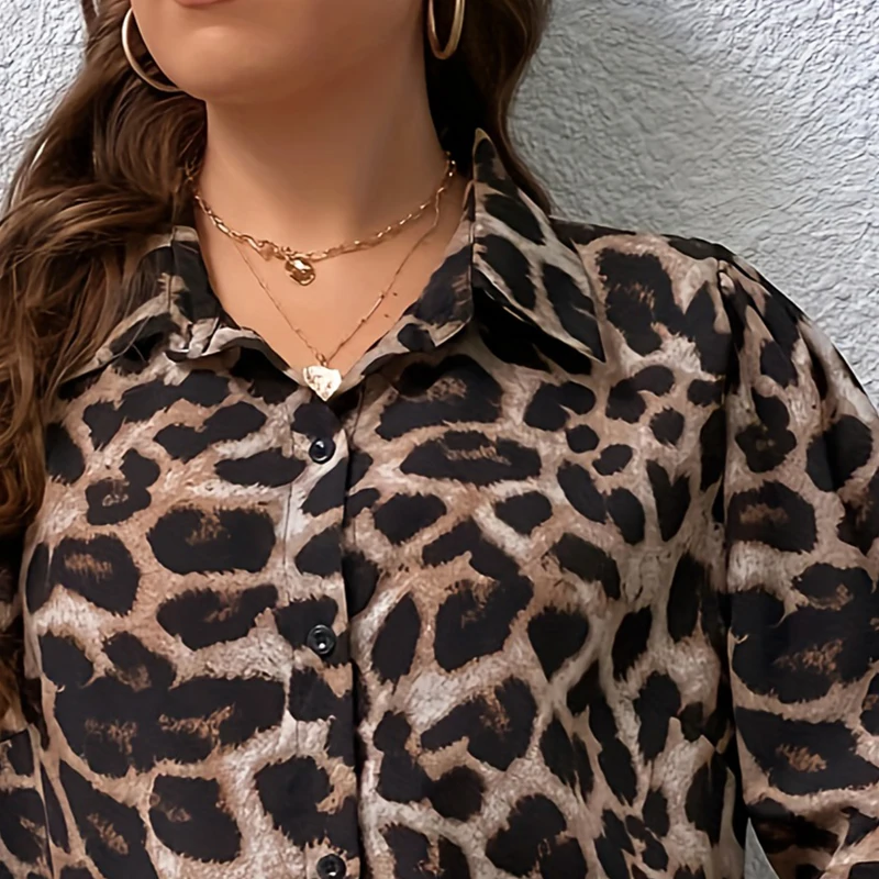 Plus Size Leopard Print Button Front Shirt, Casual Long Sleeve Shirt For Spring & Fall, Women\'s Plus Size Clothing