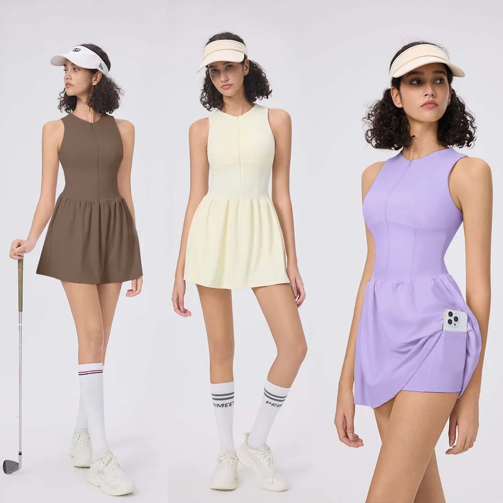 Spring and Summer New Sports Two-piece Golf Crew Neck Dress Women's Running Anti-light Feather Tennis Skirt