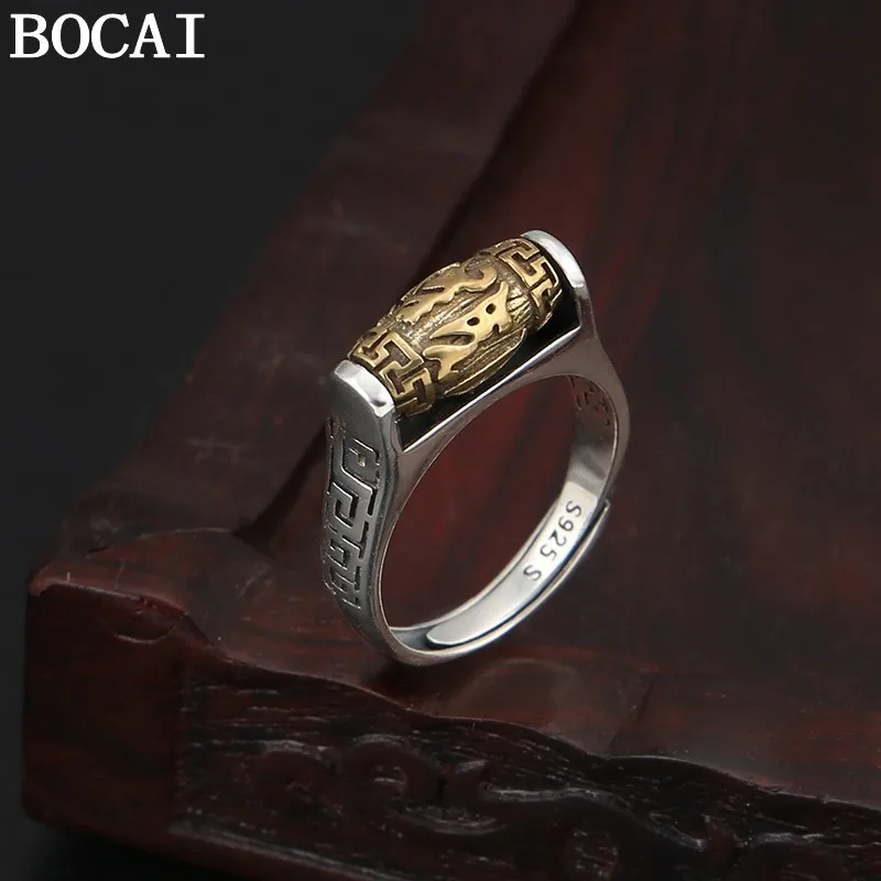 BOCAI New S925 Sterling Silver Jewelry Vintage Fashion Bucket Beads Six Character Mantra Rotating Ring Selected Gifts