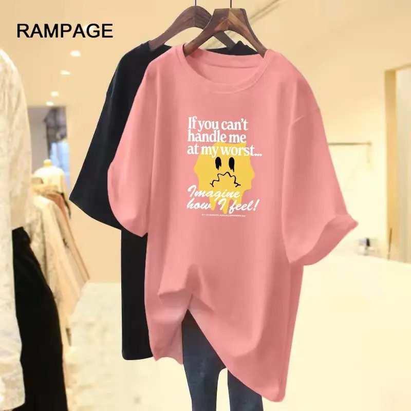 

Summer Letter Cartoon Printed All Cotton Versatile Simple T-shirt Women's Casual Loose O-neck Short Sleeve Basics Pullover